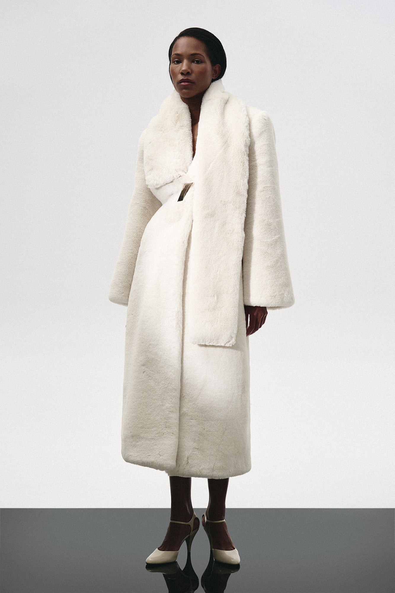 FUR MAXI COAT WITH SIGNATURE BUTTON