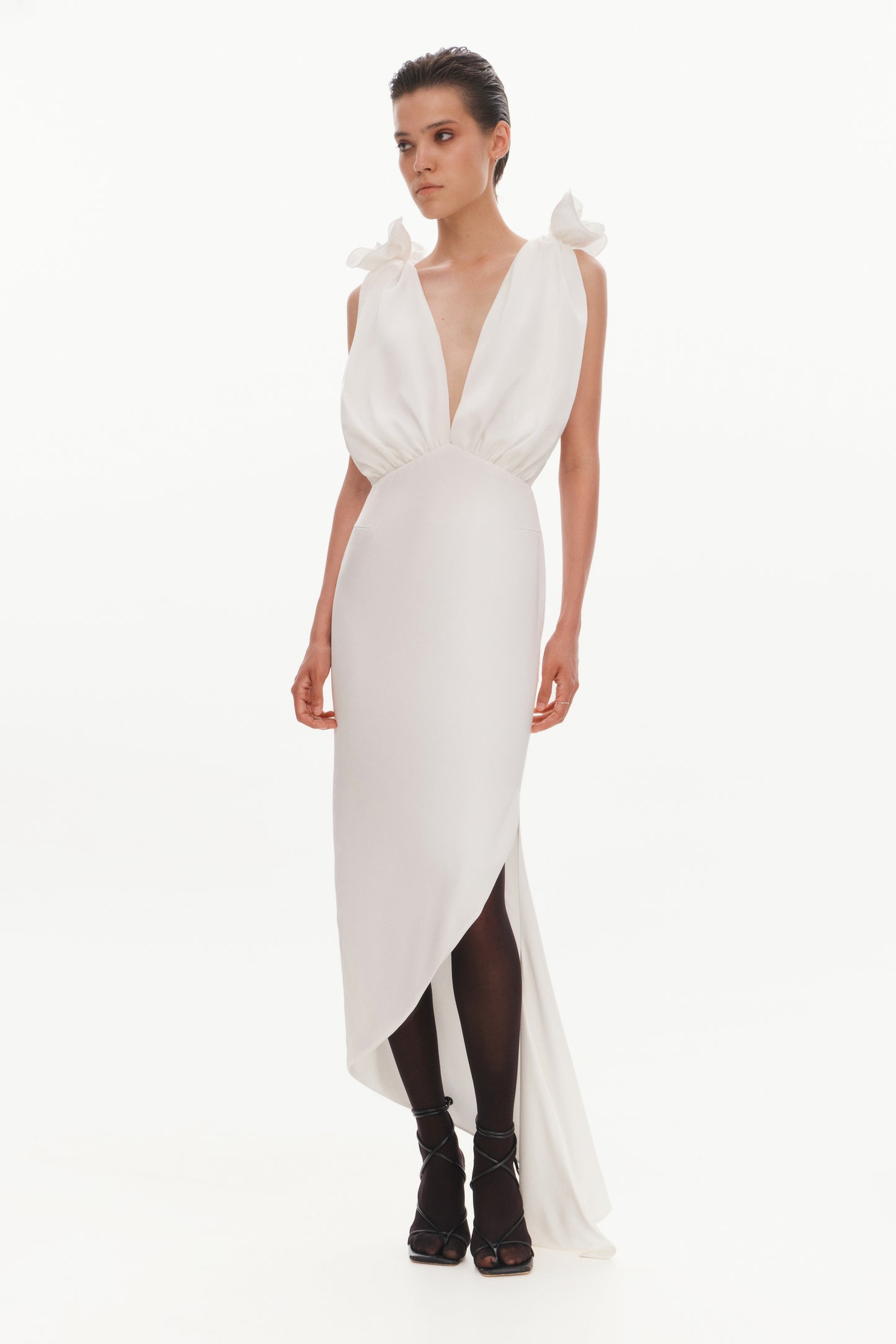 SILKY DRAPED DRESS WITH ASSYMETRICAL TAIL