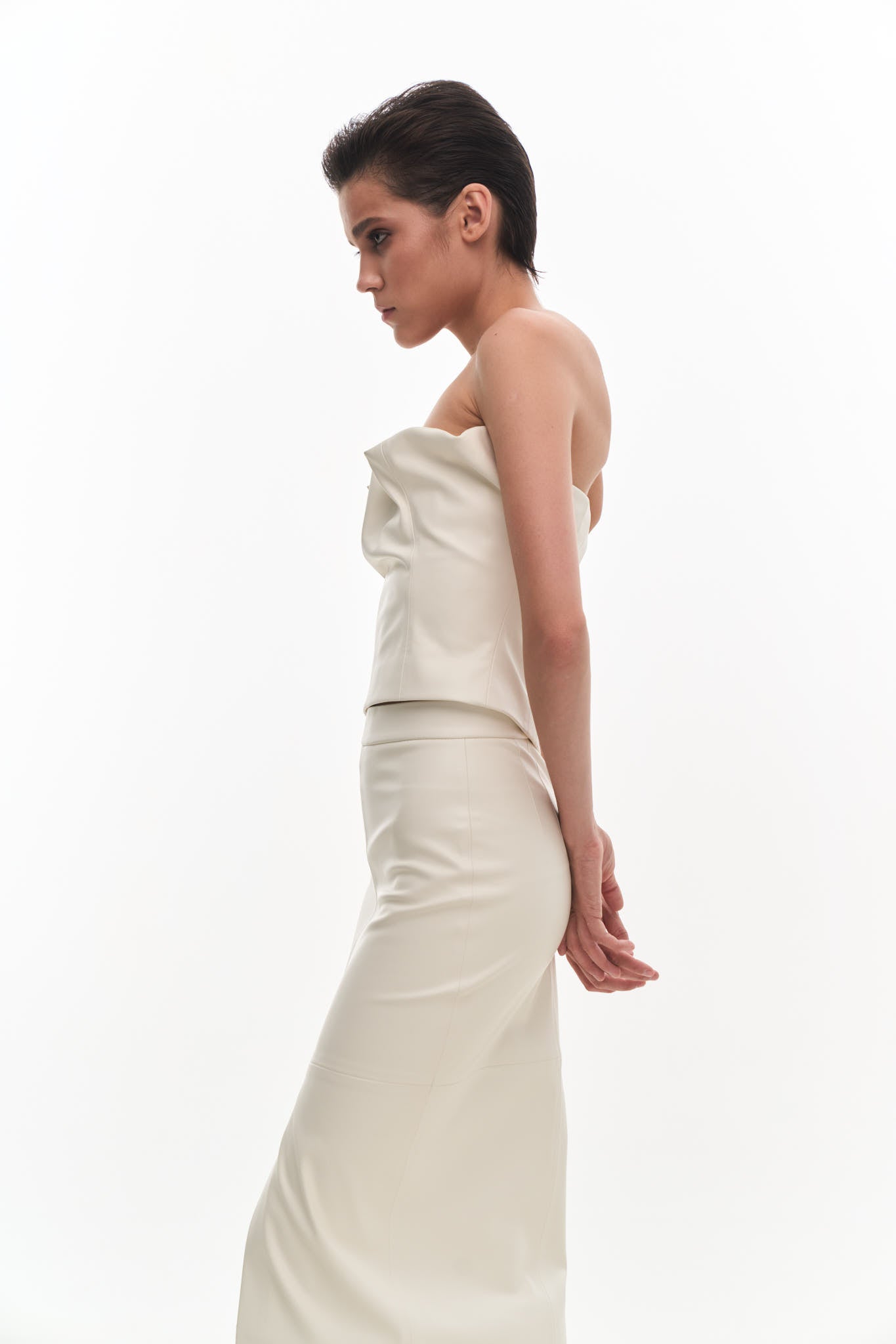 VEGAN LEATHER DRAPED TOP