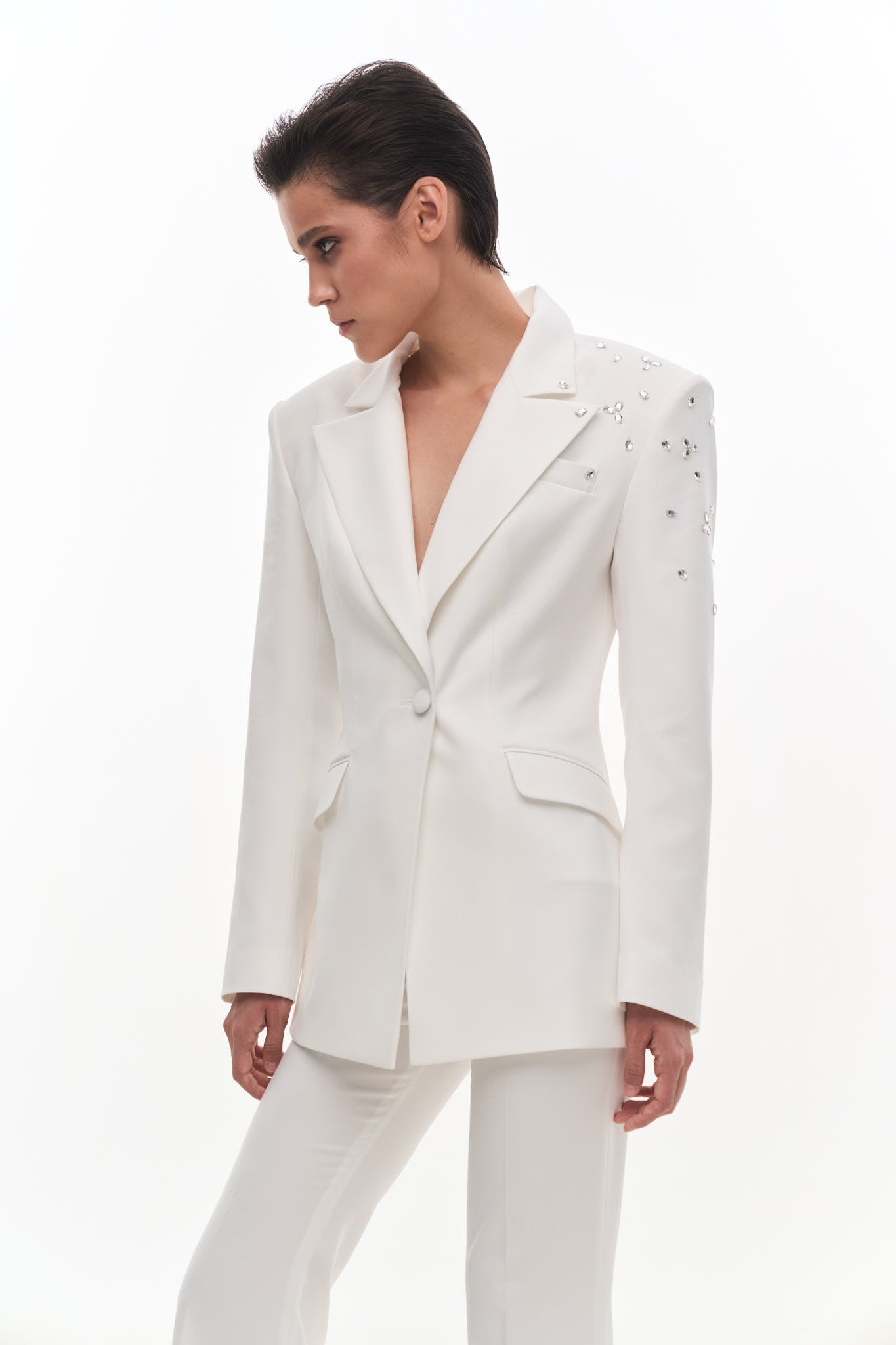 CRYSTAL DECORATED BLAZER IN ECRU