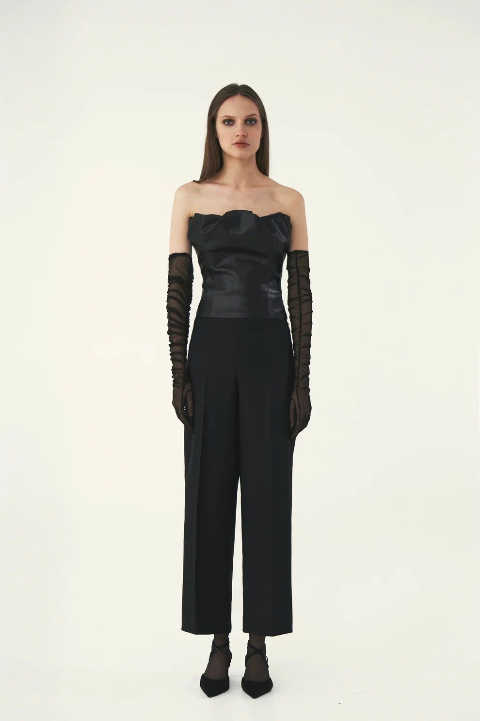 VEGAN LEATHER DRAPED TOP