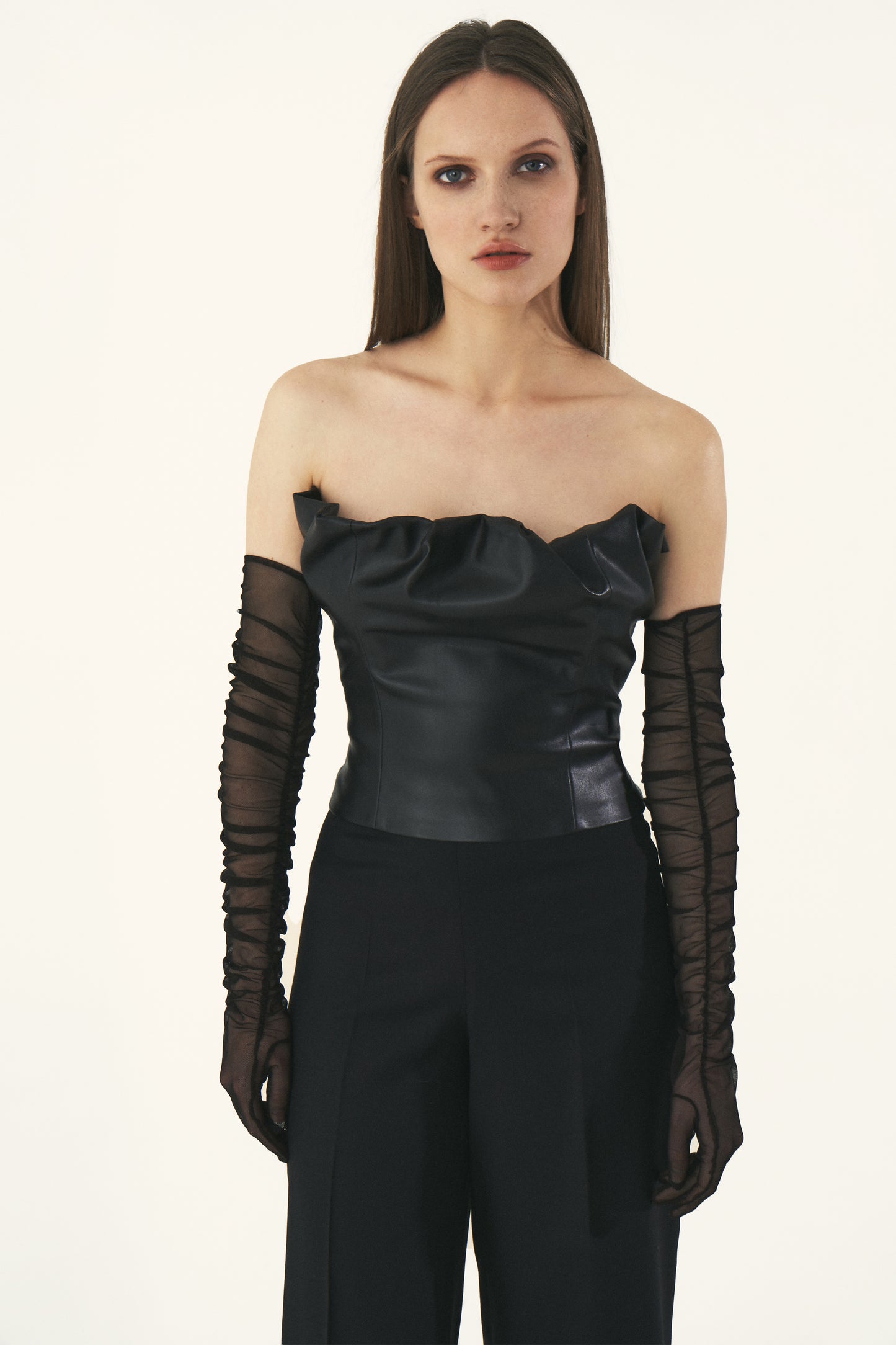VEGAN LEATHER DRAPED TOP