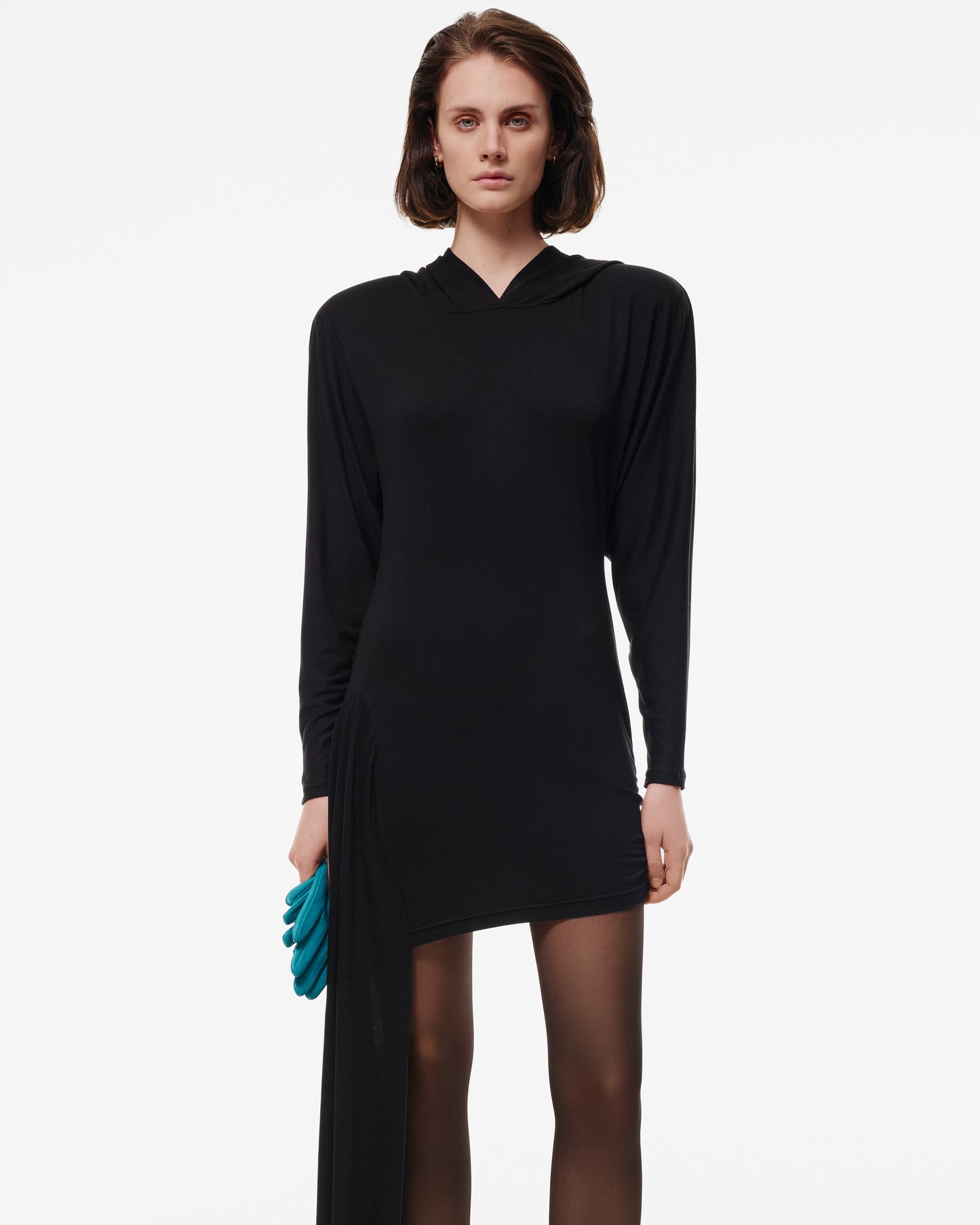 HOODED DRESS WITH SIDE TRAIN
