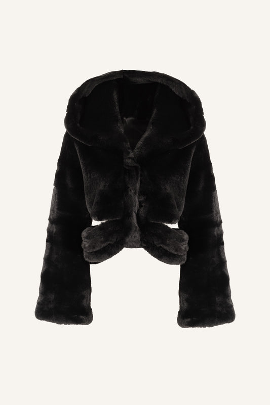 HOODED FUR JACKET WITH CUTOUTS