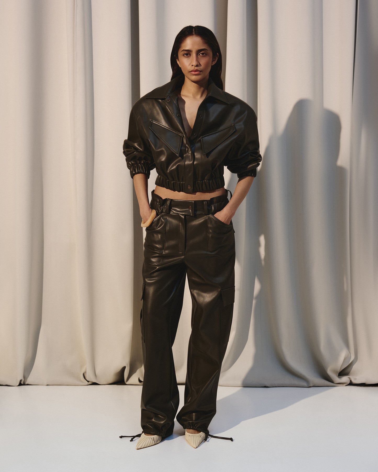 LEATHER CROPPED BOMBER