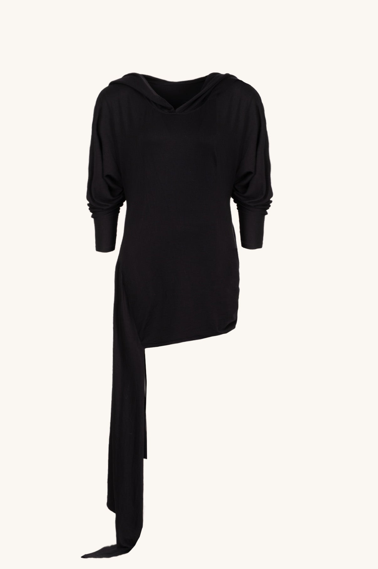 HOODED DRESS WITH SIDE TRAIN