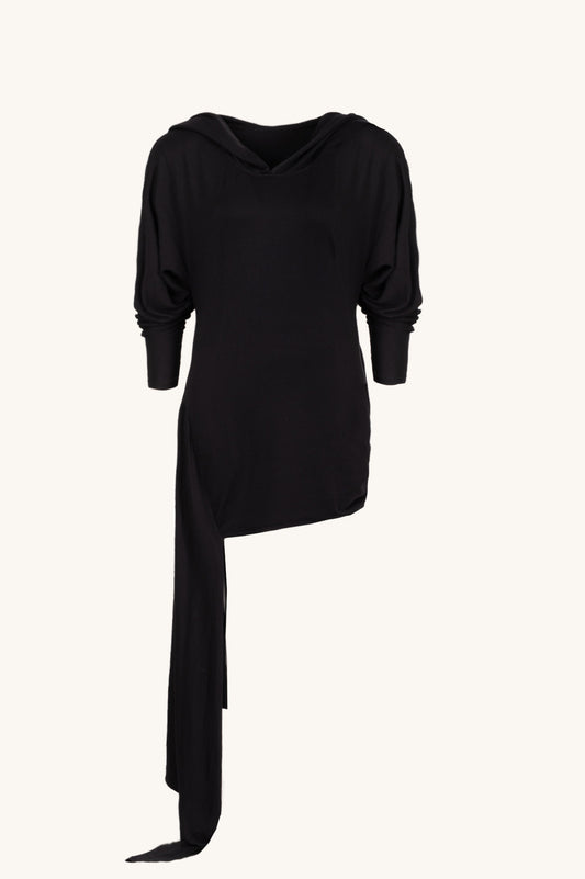 HOODED DRESS WITH SIDE TRAIN