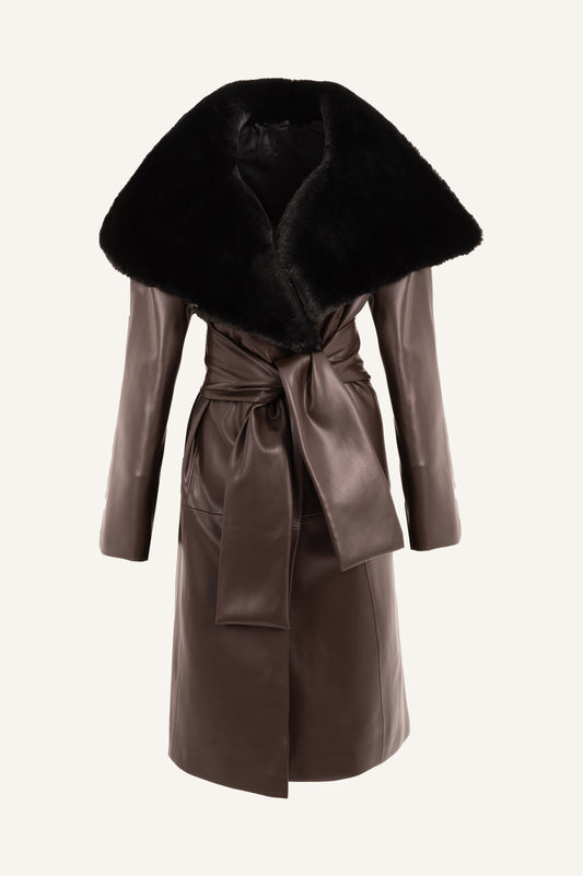 LEATHER TRENCH COAT WITH FUR COLLAR