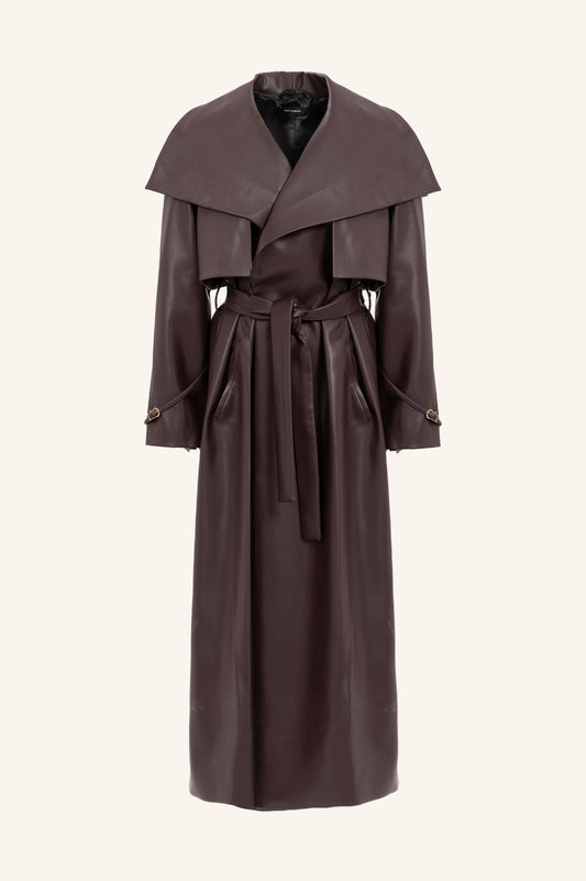 VEGAN LEATHER TRENCH IN DARK BROWN