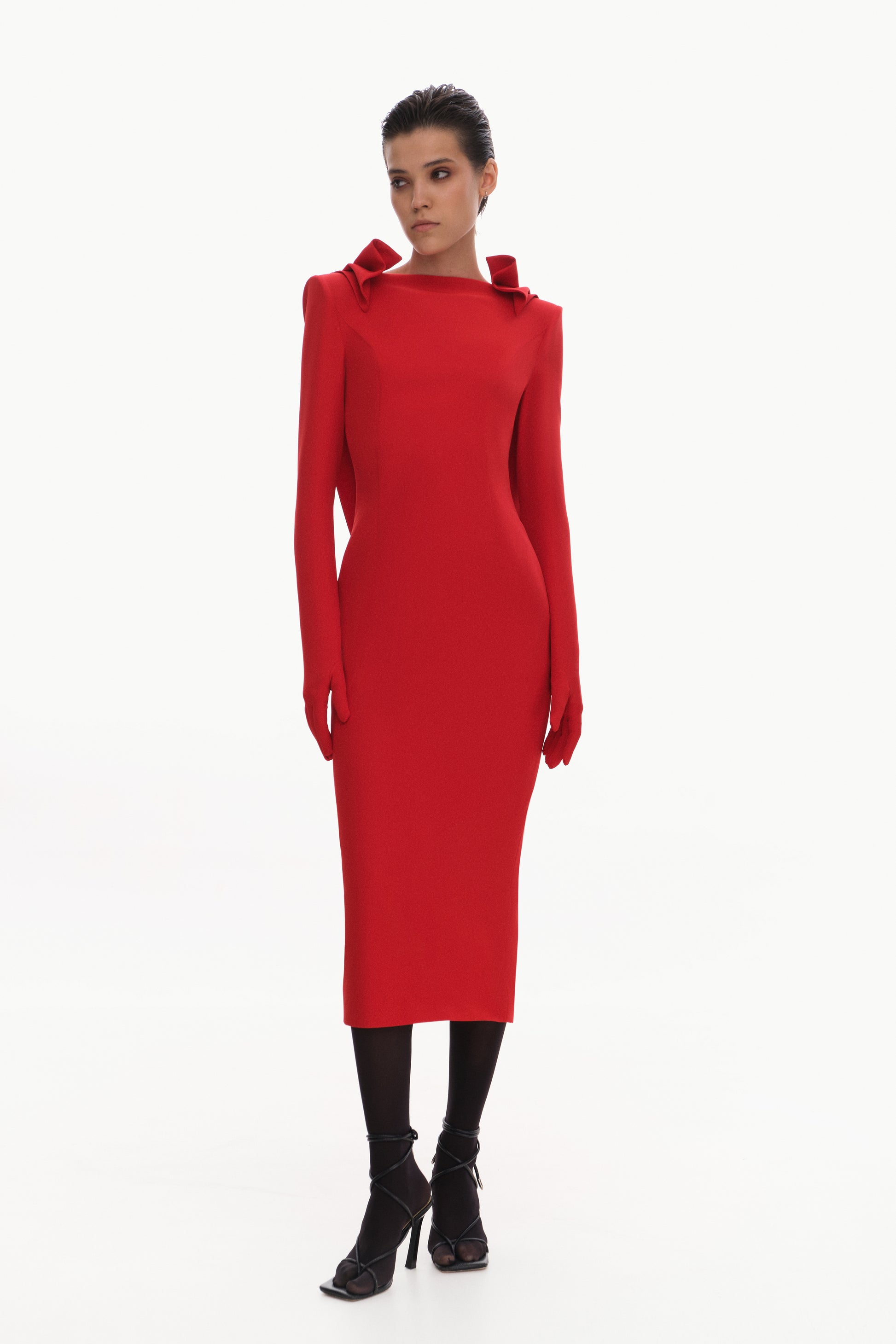 midi dress with gloves Ragom - Set: Strapless Slit Midi Bodycon Dress + Mesh Long Gloves
