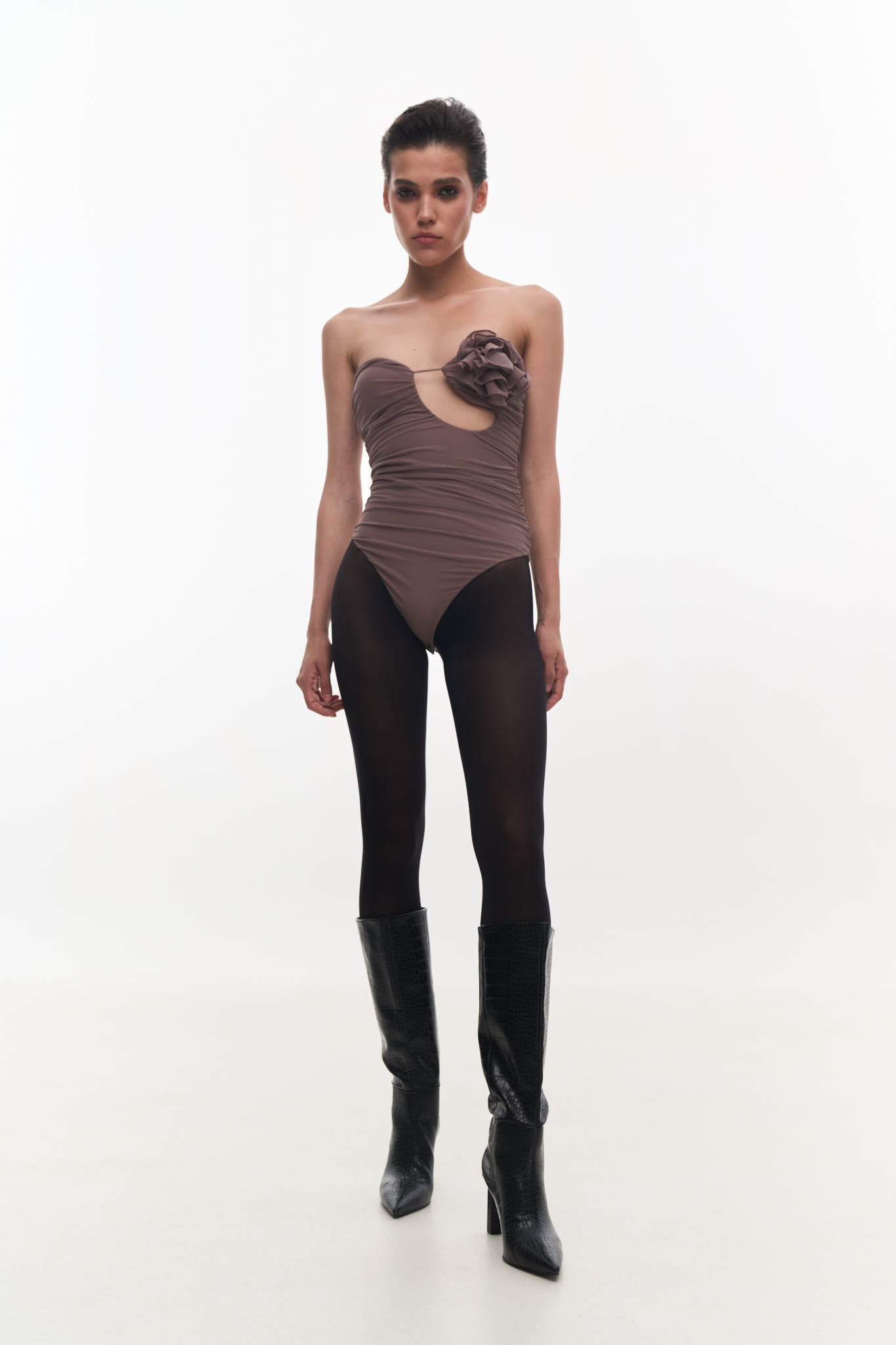 DRAPED BUSTIER BODYSUIT WITH A FLOWER