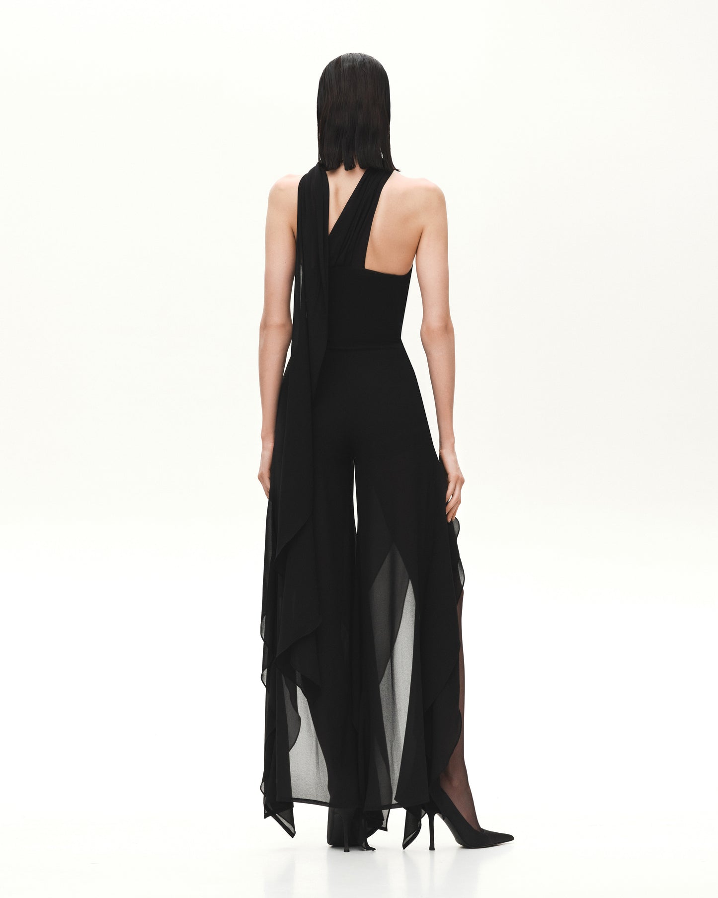 STRAPLESS SHEER CATSUIT WITH SLITS AND SHAWL