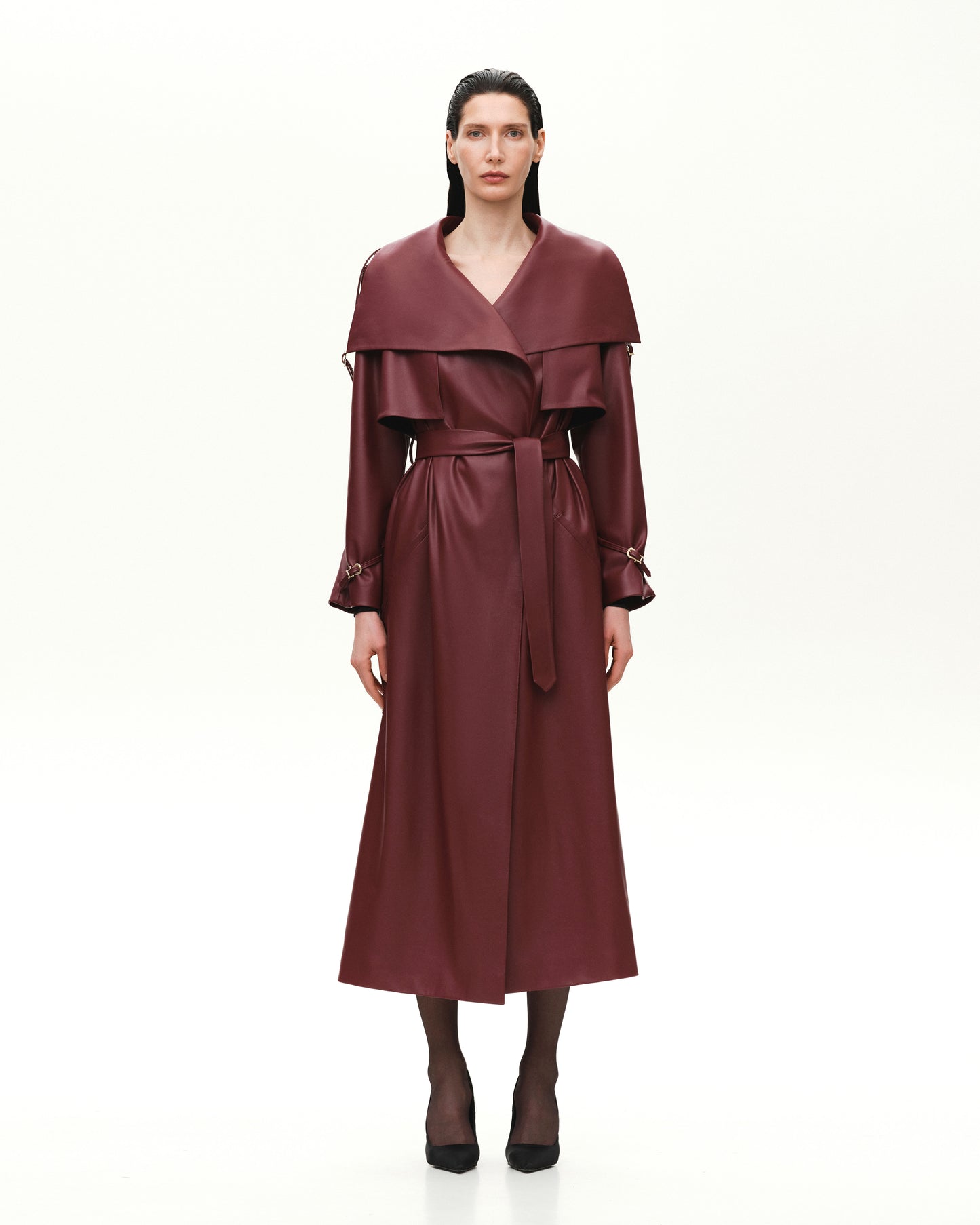 VEGAN LEATHER MAXI TRENCH WITH BUCKLES