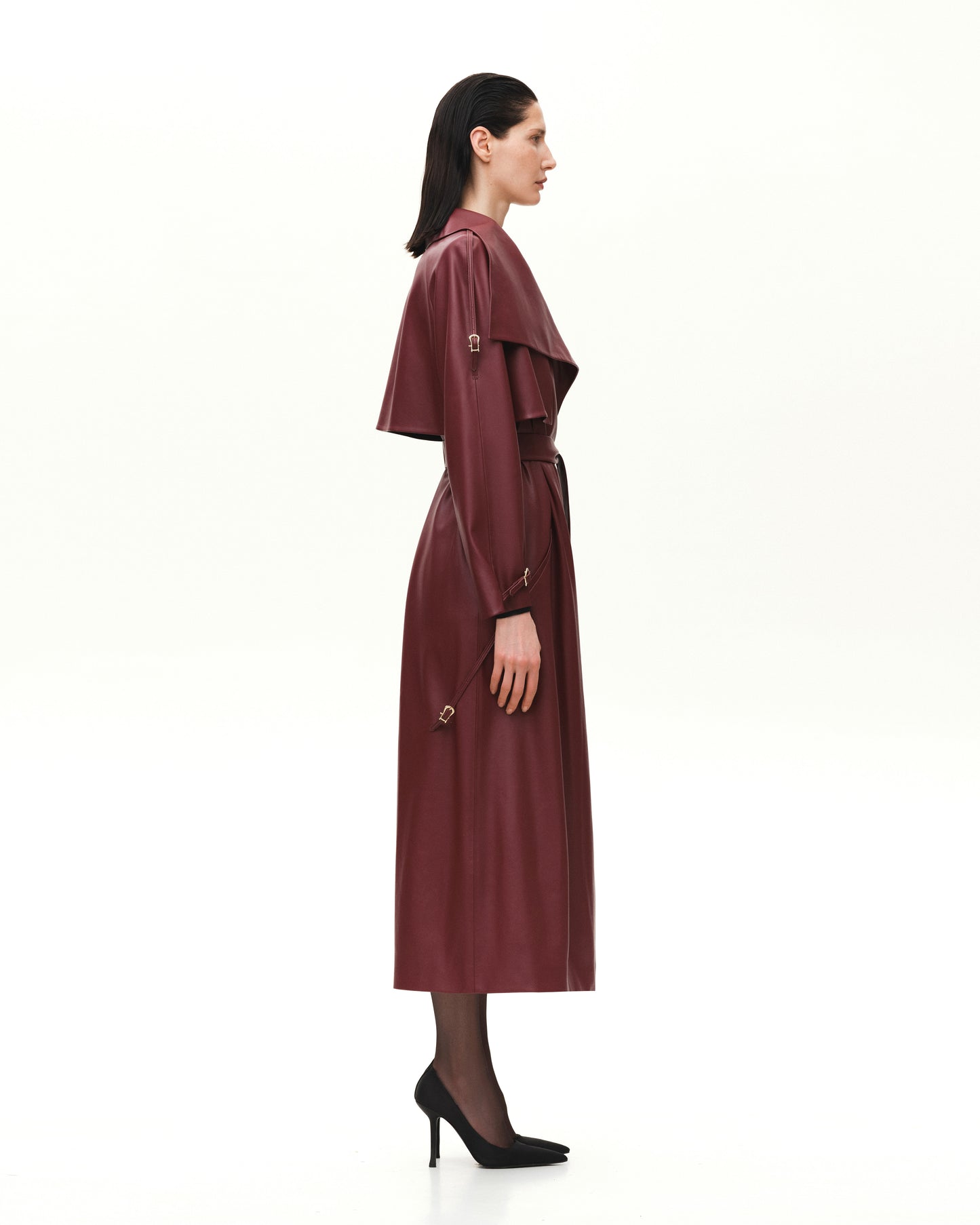 VEGAN LEATHER MAXI TRENCH WITH BUCKLES